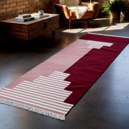 Handmade Red Cotton Modern Dhurrie For Hallway Decor